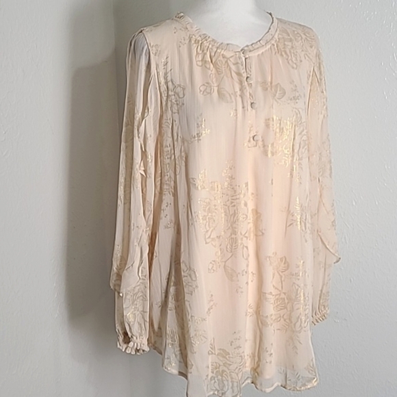 Lauren Conrad Pale Peach Blouse Sheer Overlay, Gold Etched Roses, Sz Large, NWT - Picture 1 of 11